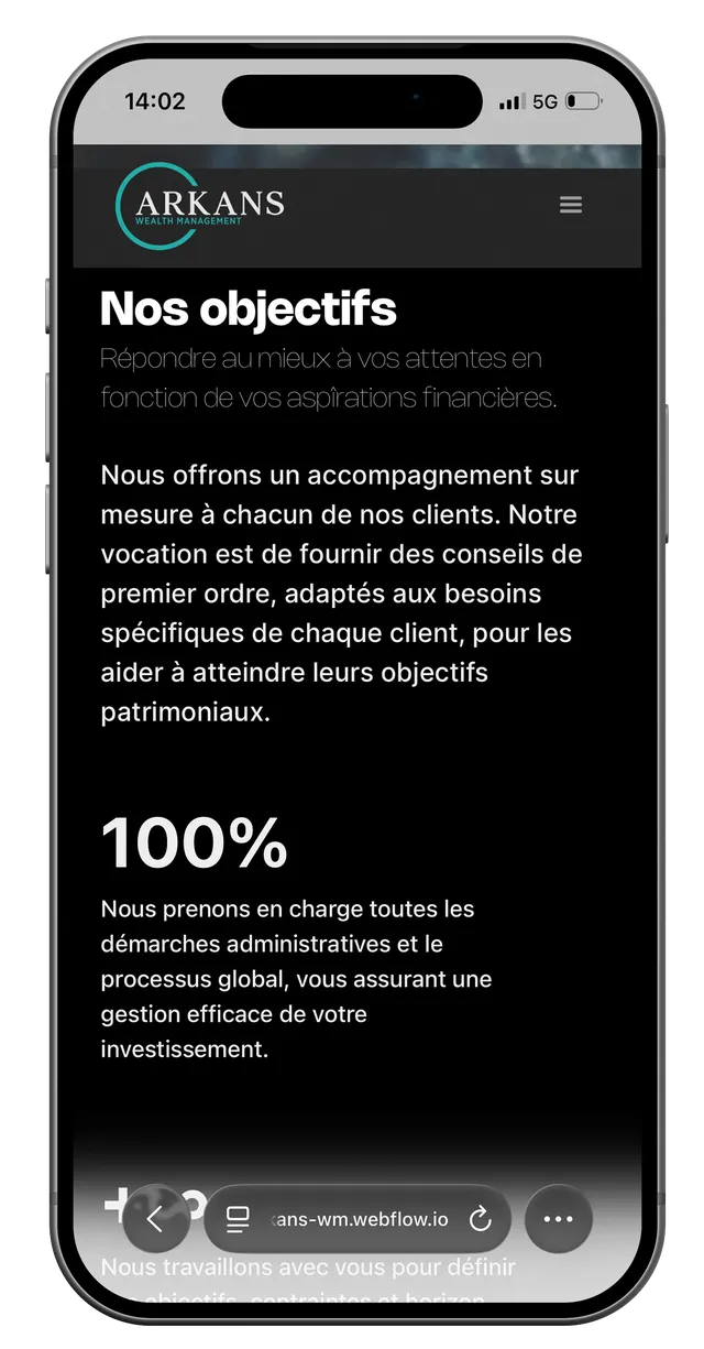 Écran mobile du site Arkans (1/7)