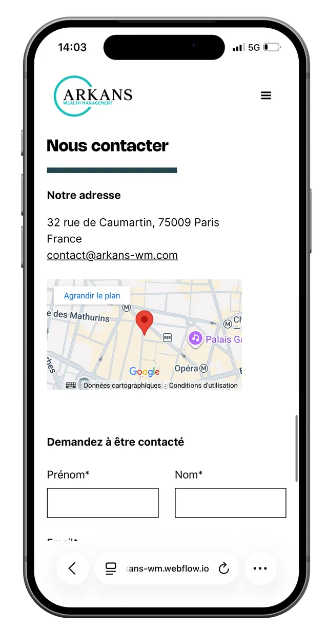 Écran mobile du site Arkans (7/7)