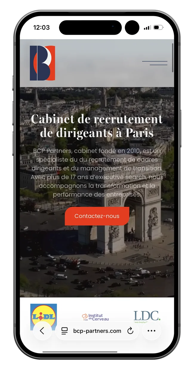 Écran mobile du site BCP Partners (2/7)