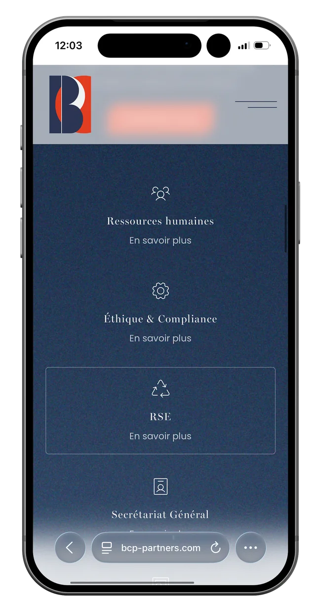 Écran mobile du site BCP Partners (3/7)