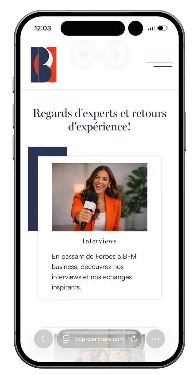 Écran mobile du site BCP Partners (4/7)