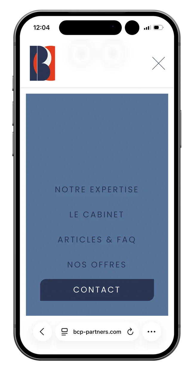 Écran mobile du site BCP Partners (5/7)