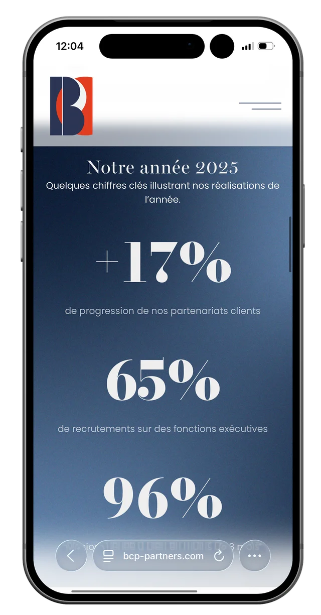 Écran mobile du site BCP Partners (6/7)