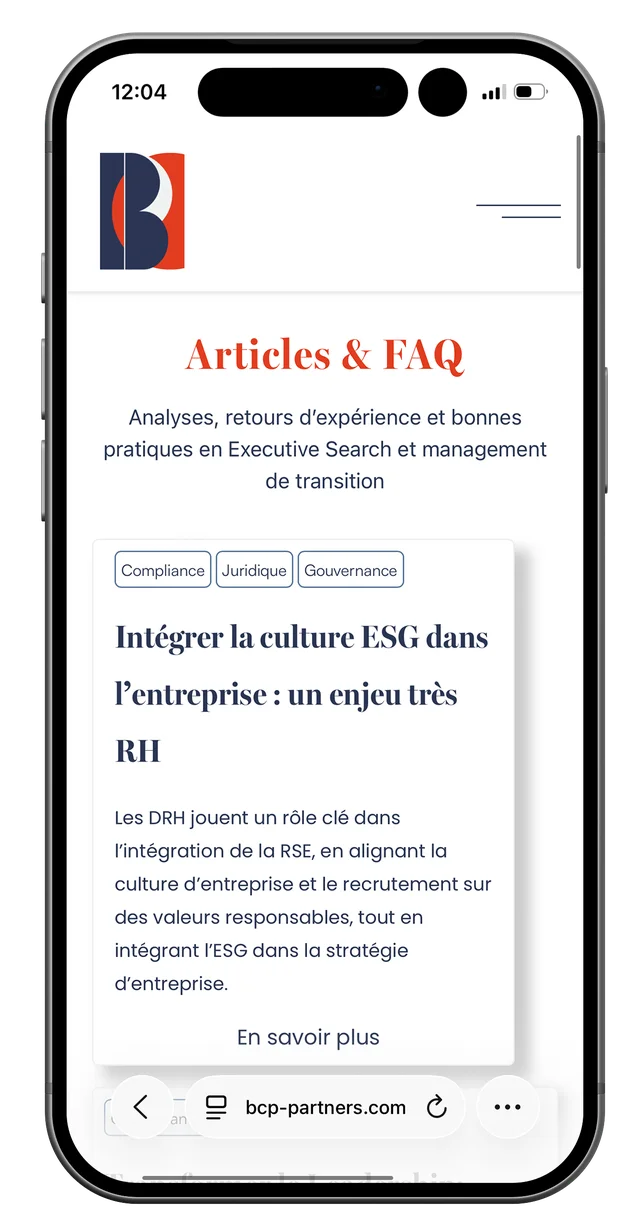 Écran mobile du site BCP Partners (7/7)