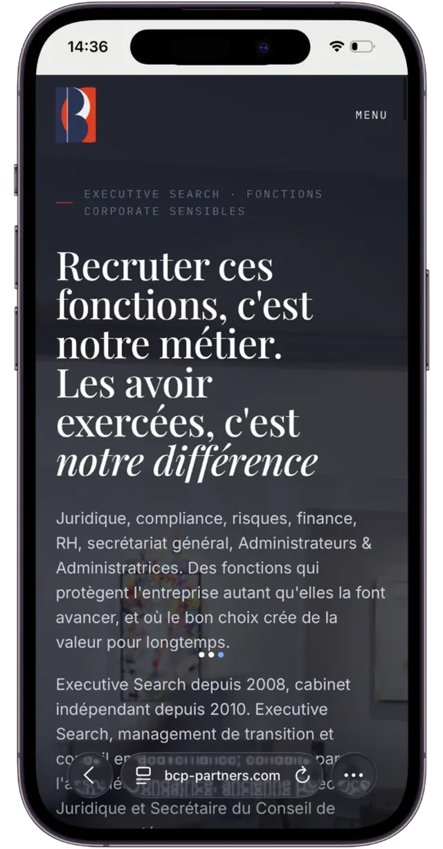 Écran mobile du site BCP Partners (1/6)