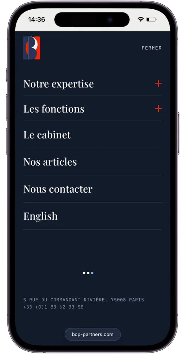 Écran mobile du site BCP Partners (2/6)