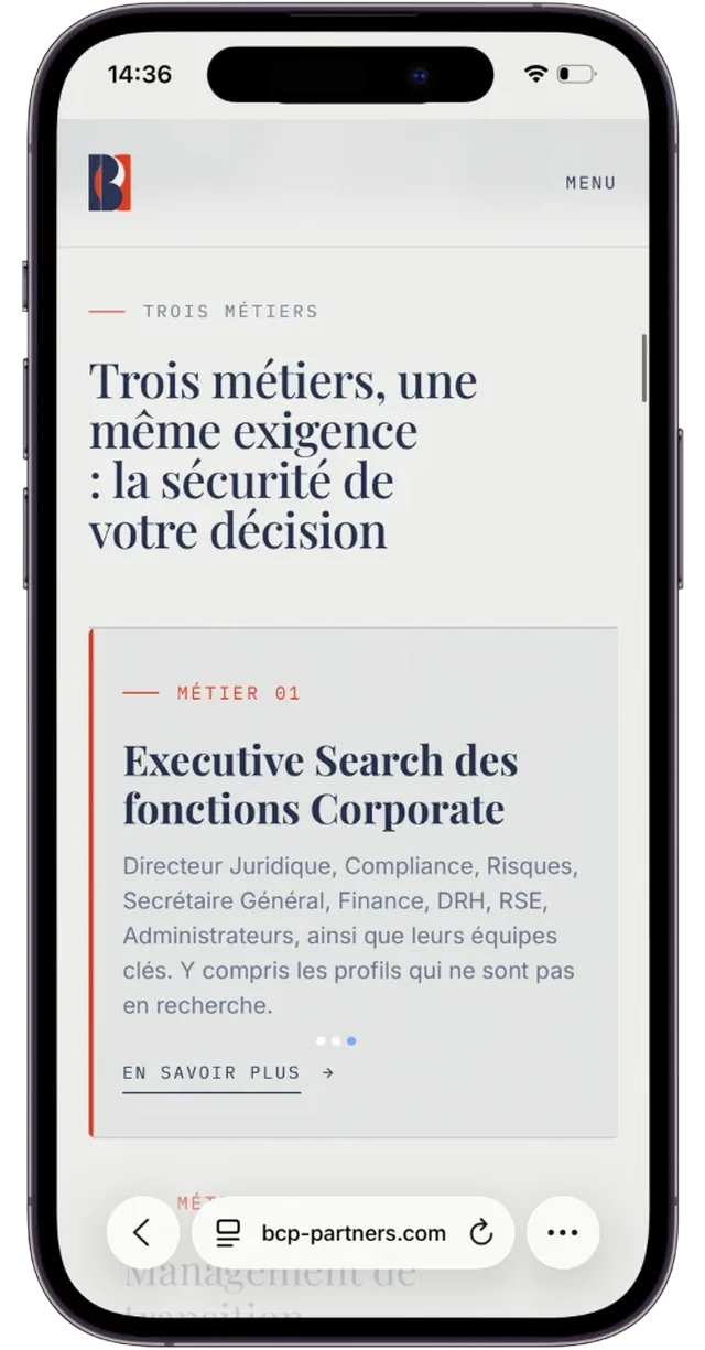 Écran mobile du site BCP Partners (3/6)