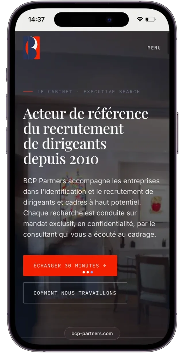 Écran mobile du site BCP Partners (4/6)