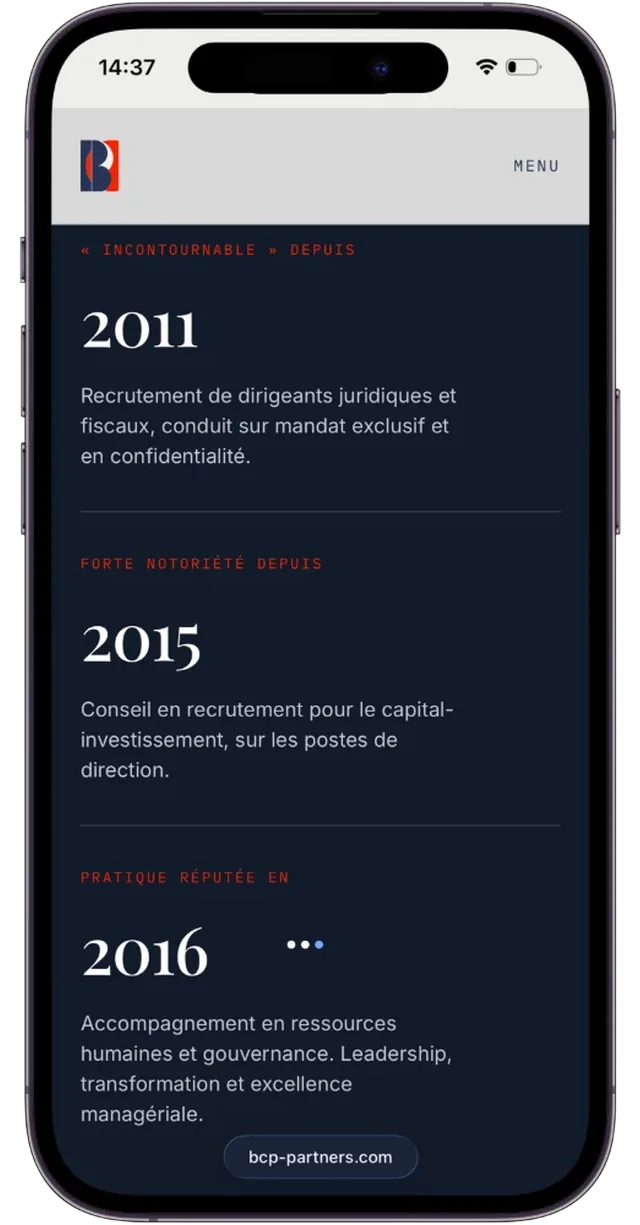 Écran mobile du site BCP Partners (5/6)