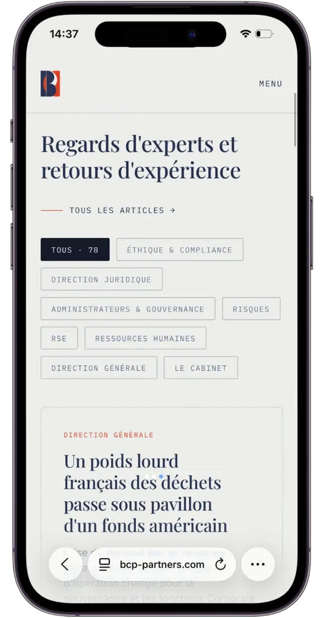 Écran mobile du site BCP Partners (6/6)