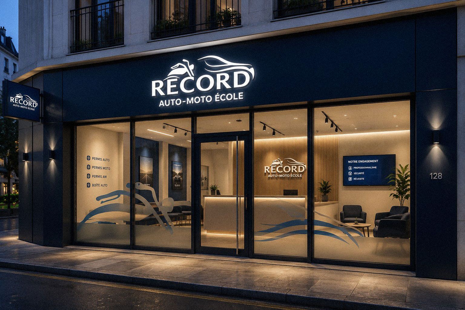 Vitrine de l'agence RECORD éclairée de nuit